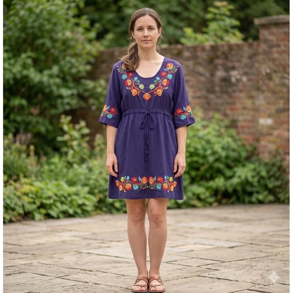Nudyda Designs by Pitch Navy Blue Embroidered Floral Boho Mini Peasant  Dress